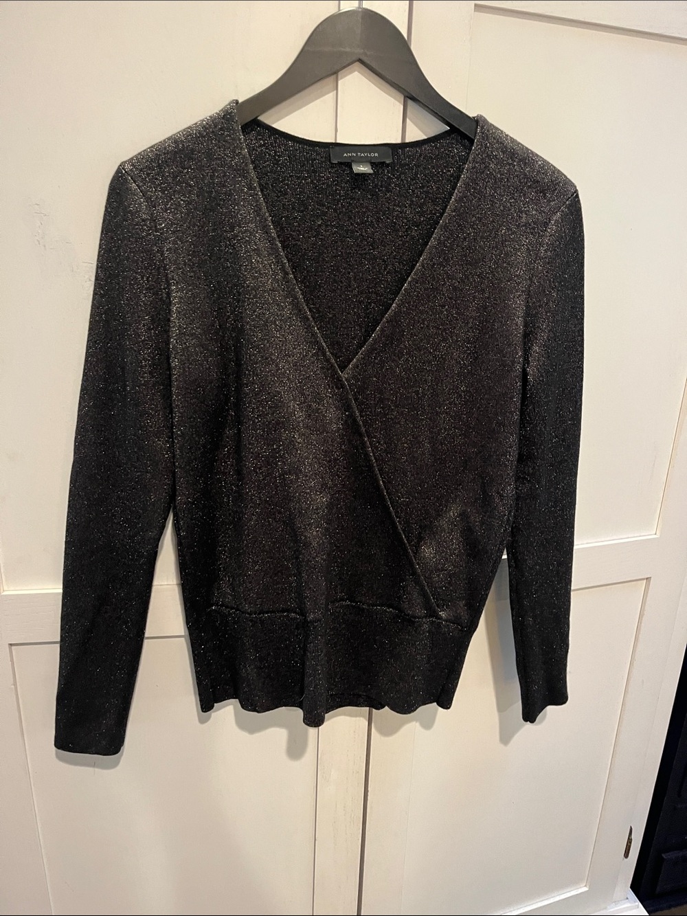 Ann Taylor Metallic Black V-Neck Wrap Sweater